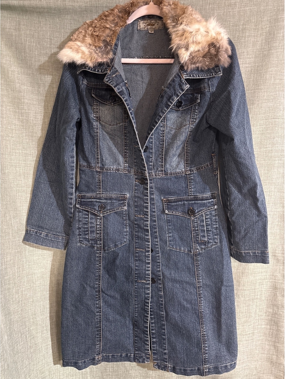 Picasso Style Jean Denim Coat with Faux Fur Collar Size S
